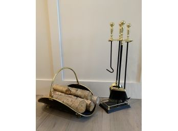 EQ - Fireplace Tools And Metal Fire Wood Holder With Decorative Birch Wood Logs