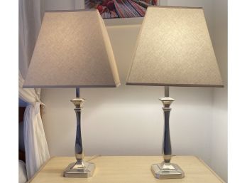 EQ - Pair Of Brushed Chrome With White Linen Table Top Lamps