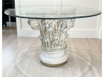 EQ - Restoration Hardware Style 48' Round Glass Top Table With Corinthian Column Top Pedestal Base