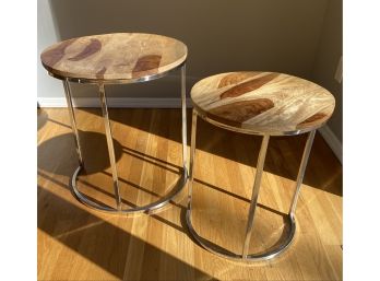 W - Pair Of Nesting Tables With Round Wooden Tops And Chrome Bases