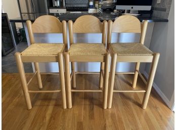 W - Three Blonde Wood Counter Stools With Rush Seats