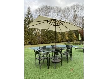 EQ - Pottery Barn Outdoor Metal And Glass Table And Chairs With 116' Long Umbrella