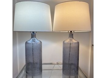EQ - Pair Of French Blue Textured Glass Base Lamps With Linen Shade
