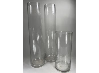 W - Crate And Barrel Glass Vases - Two Palmetto 24' Tapered Glass, One 14' Straight Cylinder