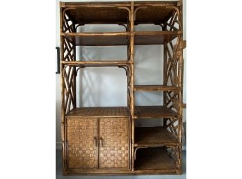 EQ - Pottery Barn  Or Crate And Barrel Style Rattan Etagere With Bottom Cabinet Storage