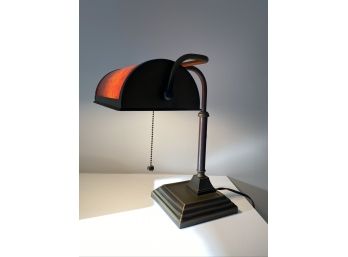 W - Banker Style Table Lamp With Metal Base, Leather Covered Column And Amber Shade