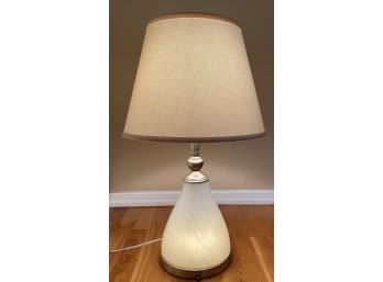 W - White Glass Base Table Lamp With White Linen Shade - Illuminating Base And Top