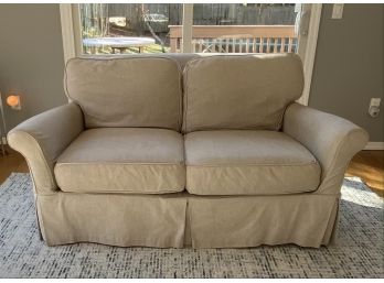 W - Natural Linen Slipcovered Crate And Barrel Love Seat With Rolled Arms