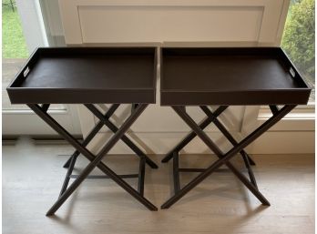 EQ - Pair Of Brown Covered Leather Tray Top, Cross Base Folding Side Tables Crate And Barrel Style