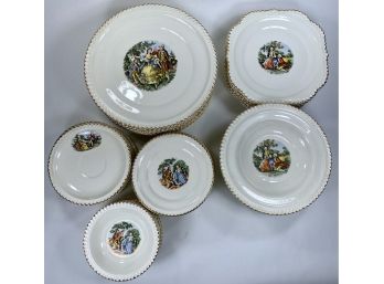 EQ - 60 Pcs Vintage The Harker Pottery Co. Porcelain With 22 Kt Gold Tableware - Made In The US