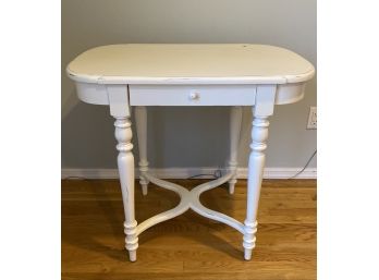 W - White Side Table With Trestle Base And Center Drawer