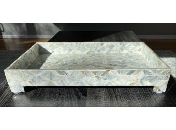 W - Rectangular Blue Tone Mother Of Pearl Like Table Top Footed Tray