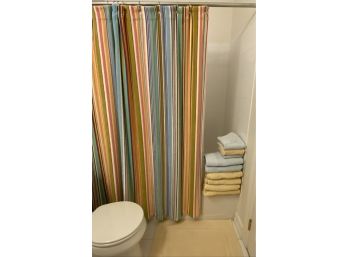 EQ - Restoration Hardware Yellow And Blue Towels, Bath Mat And Pottery Barn Striped Terry Shower Curtain