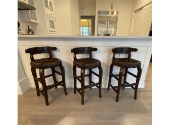 EQ - Three Rounded Low Back Rush Seat Counter Stools - One Stool Has A Repair On The Upper Back Rest