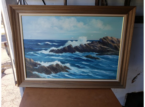 Large Vtg Painting Of Ocean