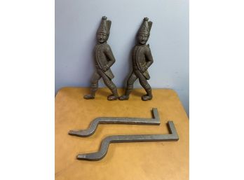 Vtg Cast Iron Andirons Marching Soliders