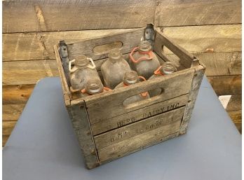 Vtg Milk Bottles With Crate