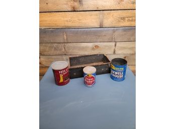 Vtg Wood Box W/ Coffee Cans