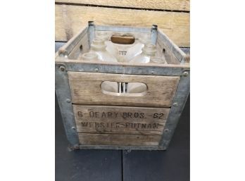 Wood Milk Crate With Old Milk Glass Jars