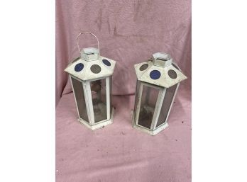 Two White Outside Candle Light Holders