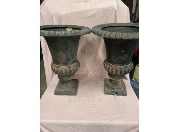 Two Planters ( Greenish Colored Small Damage Bottom Of One )