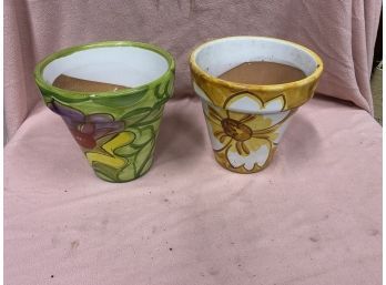 Two Hand Painted Planters ( Light Green And Yellow Flowers On Front )