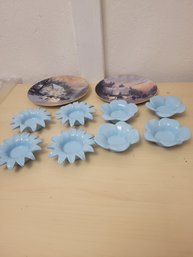 Pair Of Thomas Kinkade Plates And 8 Blue Flower Votives
