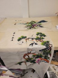 Silk Embroidered Fabric Scene With Birds