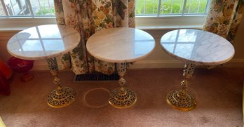 Lot Of 3 Vintage Brass Base Marble Top Tables