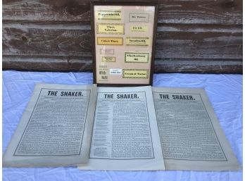 Rare Framed SHAKER Herb & Apothecary Labels & The Shaker Newspaper