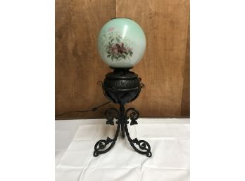 Antique Bradley & Hubbard Wrought Iron Electrified Lamp & Hand Painted Shade