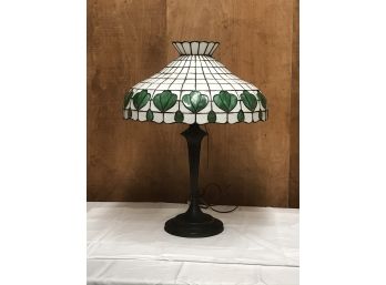Antique Lamp White & Green Stained Glass Shade Brass Base