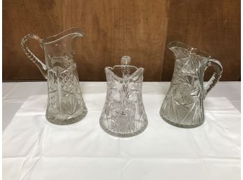 3 Antique Cut Glass Crystal Water Pitchers