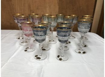 17 E&R Golden Crown Colored Cut Etched Glass Goblets