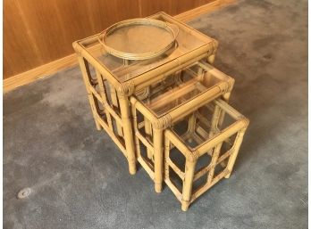 Mid Century Modern Glass Top Rattan Nesting Tables & Tray