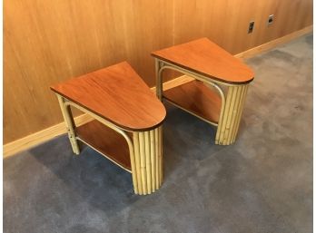 Pair Of Mid Century Modern Rattan Wedge Shaped End Tables