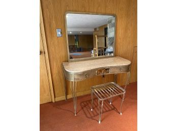 Vintage Marble Top Vanity With Stool And Wall Mirror