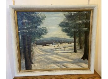 Antique Folk Art Winter Scene Oil Painting Elizabeth Ames Lecount