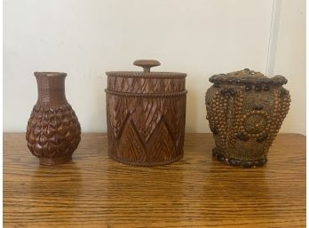 Teak Carved Humidor Jar & 2 Unusual Folk Art Vases