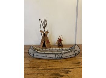 2 Native American Cherokee Miniature Teepees & Miniature Canoe