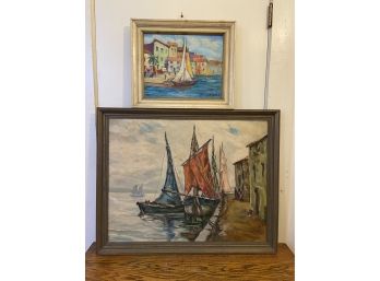 2 Vintage Nautical Harbor Scene Oil Painting