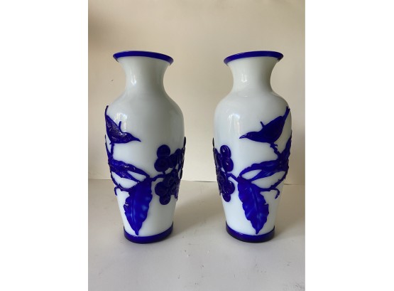 Pair Of Antique Peking Glass Vases Applied Birds & Berries