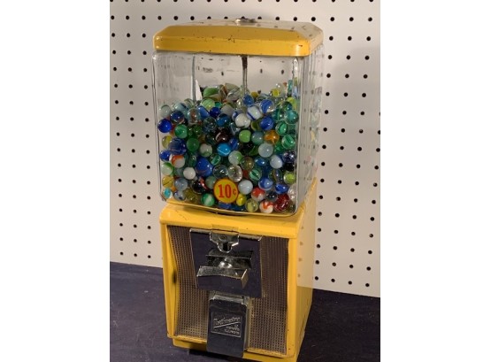 Vintage 10 Cent GUMBALL MACHINE W/ Glass Globe, Full Of Marbles