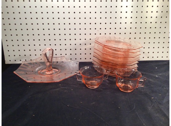 Lot Of Antique Pink Depression Glassware, 9 Plates, Two Glasses And Serving Plate. Great Condition