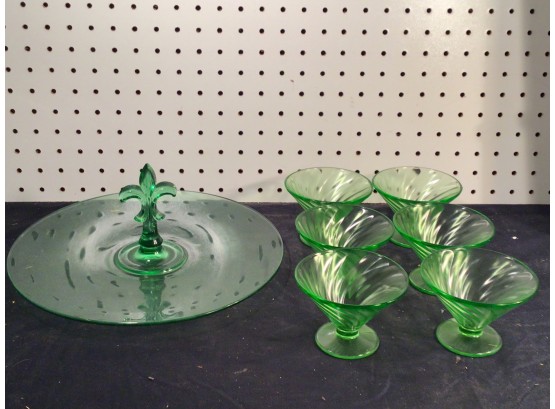 Nice Group Of Antique Green Depression Glass, Sherbets, And Serving Plate