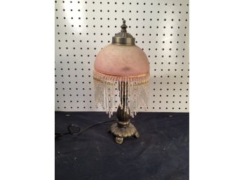 Great Condition Working Boudoir Lamp, Brass Base - Pink Glass Shade W/ Tassles
