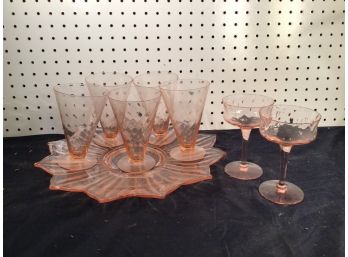 Attic Find - Antique Pink Depression Glass Lot. Rather Unusual Serving Plate, Etc.