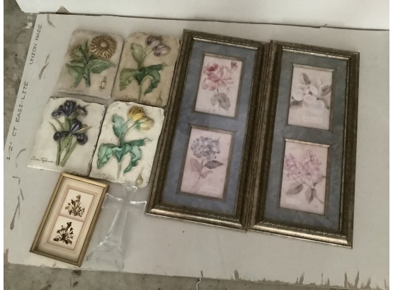 Floral Wall Hangings - 4 Painted On Slate, 2 Matching Framed Items, One Pressed Flowers