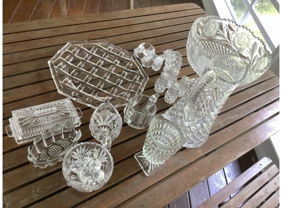 Antique & Vintage Clear Glass & Crystal Lot. Note: Cut Glass Pitcher Is As Is