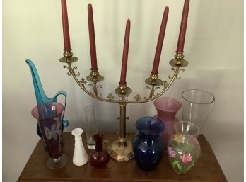 5-Light Vintage Brass Candelabra, Along With Glass Vases As Shown.